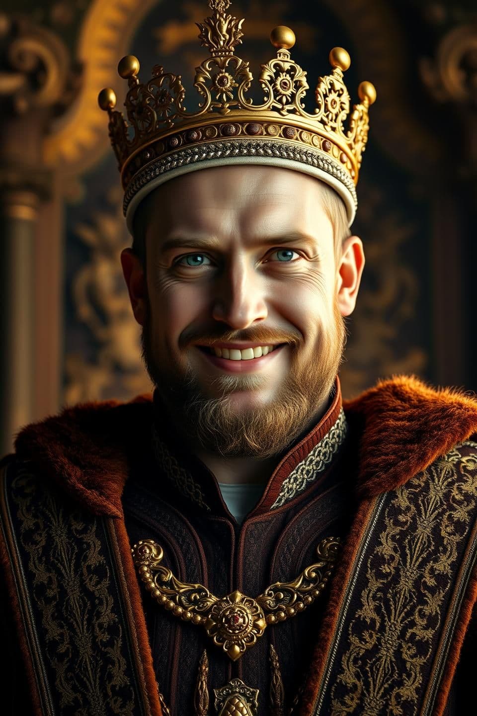 AI generated: Ultra-realistic portrait of a proud king standing confidently.
Bright smile on his face, eyes shining with power.
A detailed golden crown on his head, reflecting soft warm light.
R