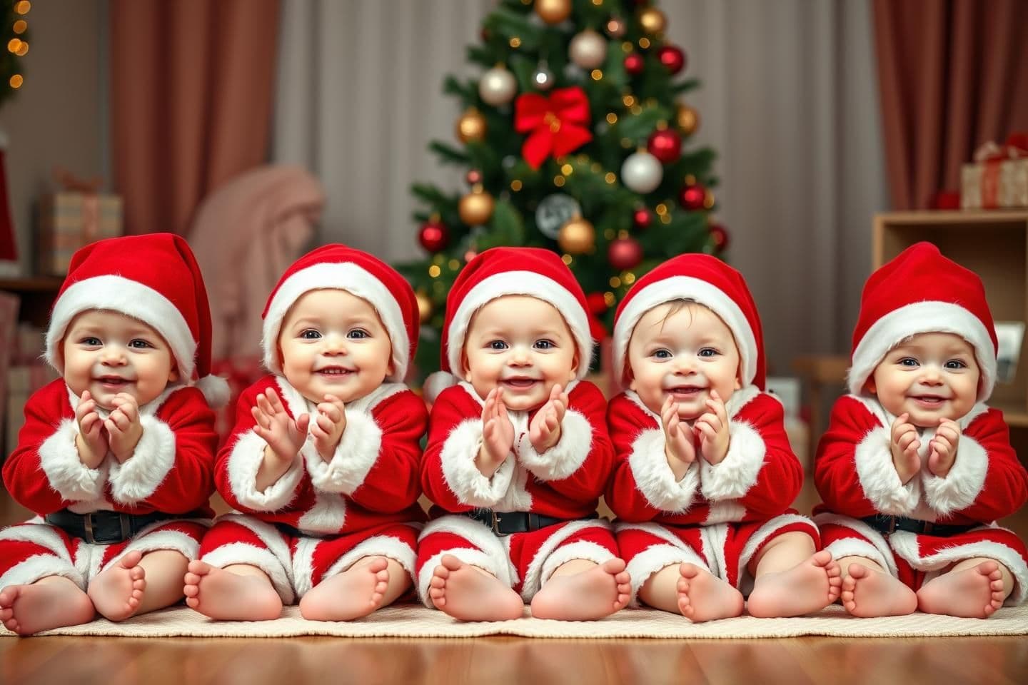 AI generated: 5 super cute realistic toddlers 3 months old white in color, wearing santa costumes, sitting together in a horizontal row facing the camera, clapping hands, big happy smiles, brigh
