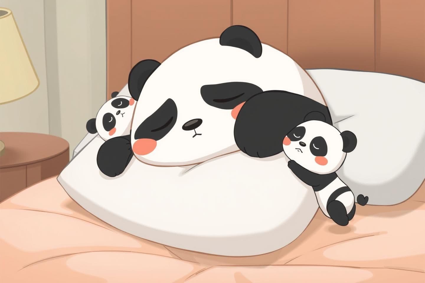 AI generated: Same characters and cartoon style.
Scene: Sleepy panda Tofu finally collapses gently onto a big soft pillow.
Mini panda trying to hold him up but failing in a funny way.
Camera: S