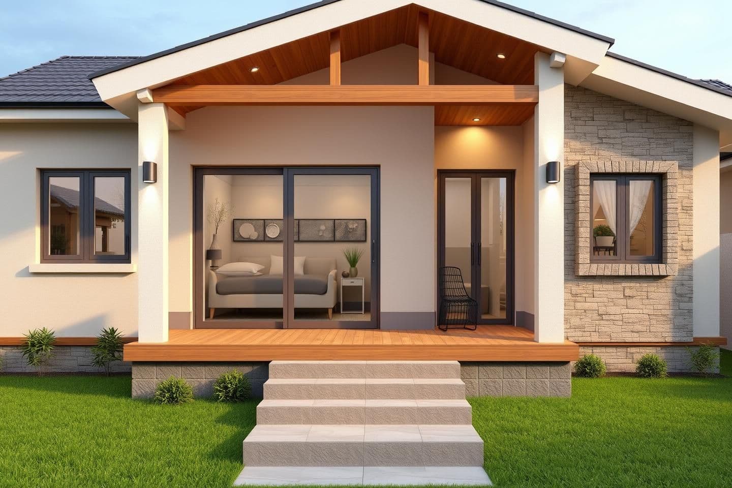 AI generated: 3D rendering of the front exterior of a modern 3-bedroom north-facing compact house on a 3-cent plot. Show the porch, sliding glass doors and windows, warm wood and stone accents,