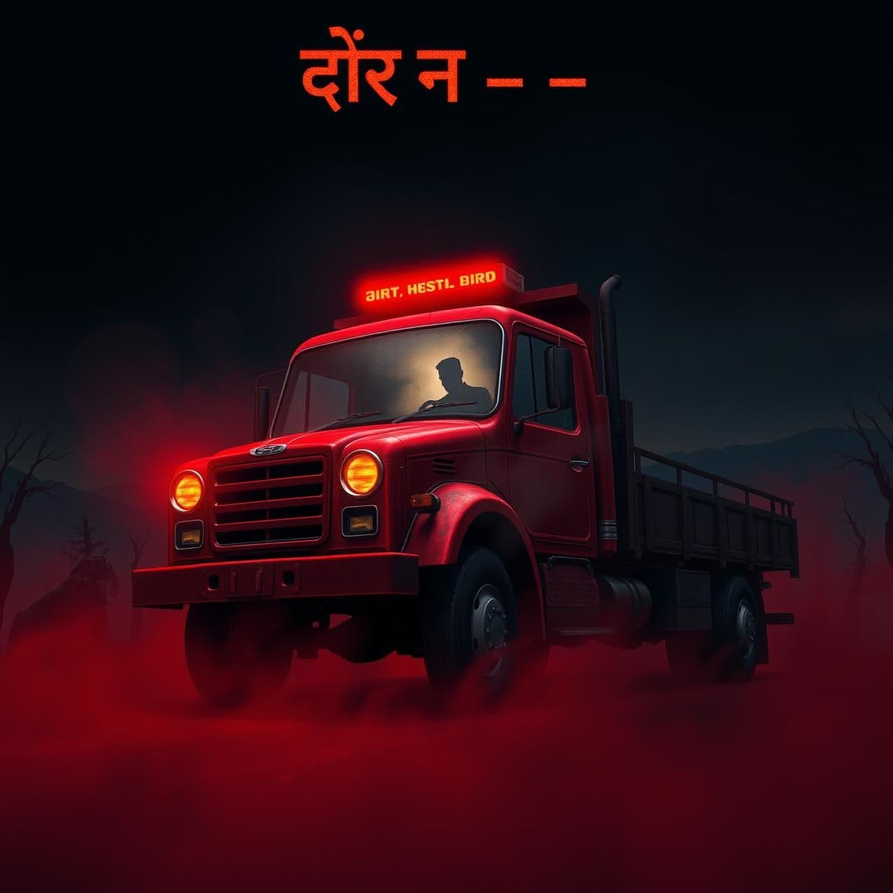 AI generated: “2D semi-realistic horror style, dark foggy night, red ghost truck with glowing headlights hovering slightly above road, burnt shadowy driver silhouette in seat, eerie mist swirlin