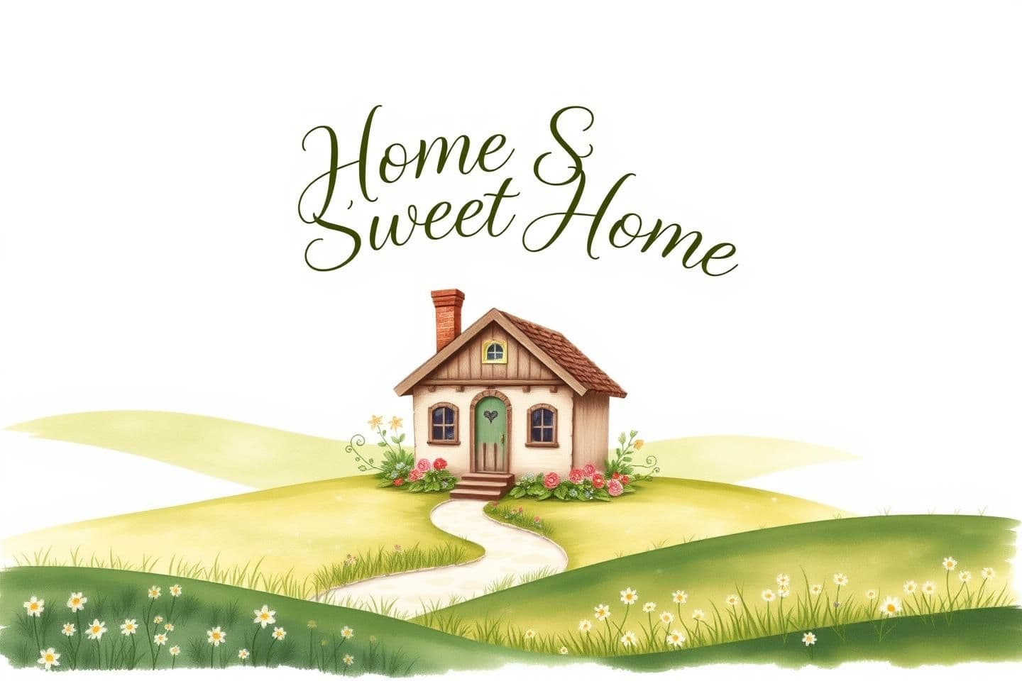 AI generated: A serene design capturing the essence of cottagecore with a whimsical touch, featuring a quaint, hand-painted country cottage surrounded by soft green fields and faded floral accen