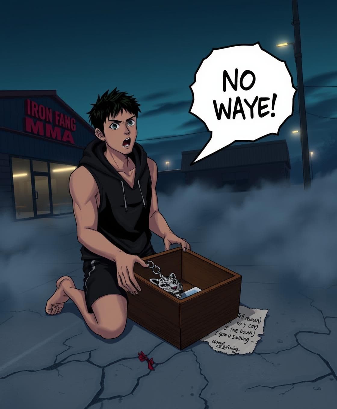 AI generated: Cold pre-dawn scene outside Iron Fang MMA gym, sky still deep indigo with the first pale streak of sunrise on the horizon. Thick mist rolls low across the cracked concrete yard, st