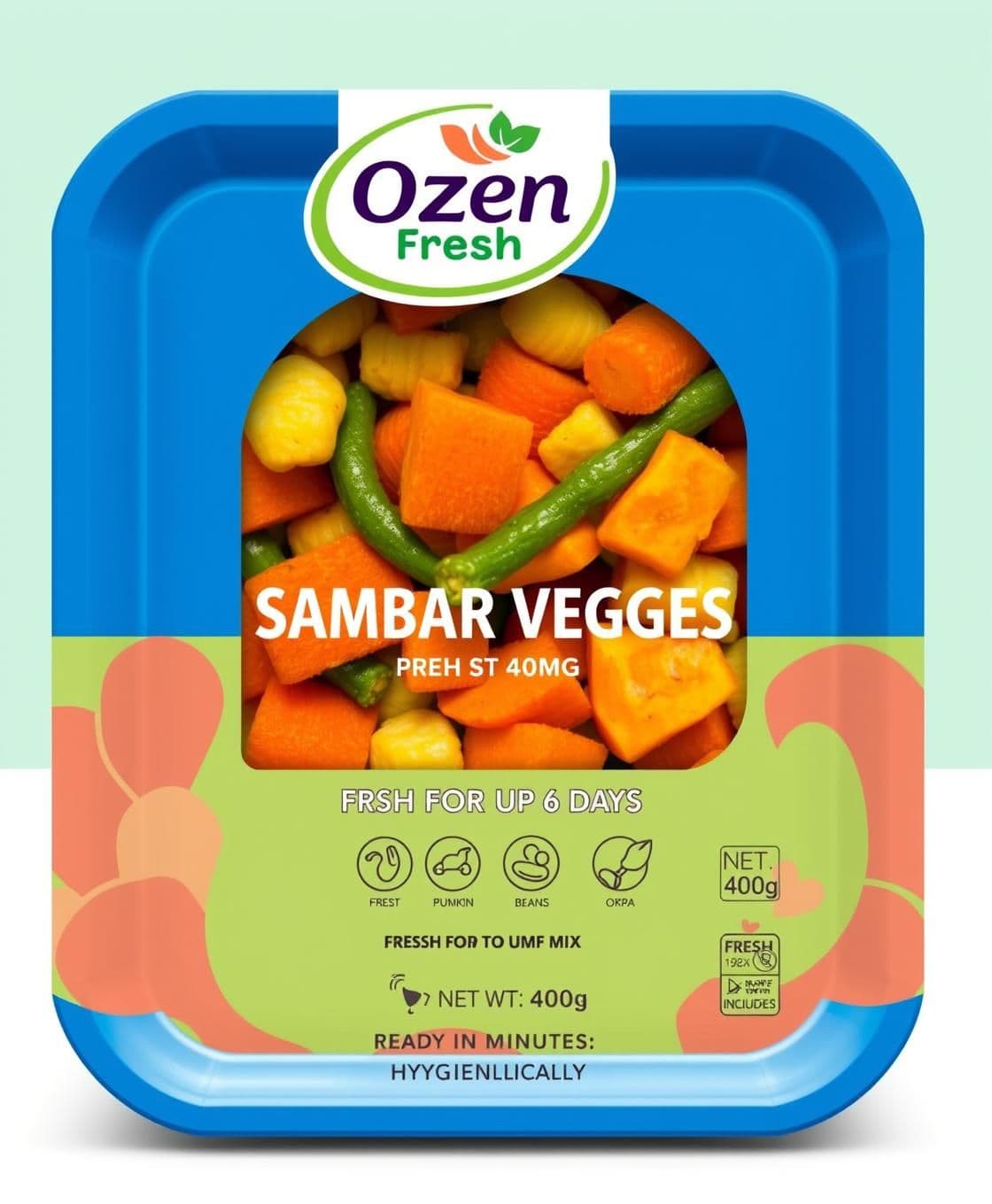 AI generated: Design a premium retail pack for Ozen Fresh – Sambar Veggies (Pre-Washed & Cut Mix) inspired by the blue-tray examples, but with a new and distinct look.
Packet Style
Use a brigh