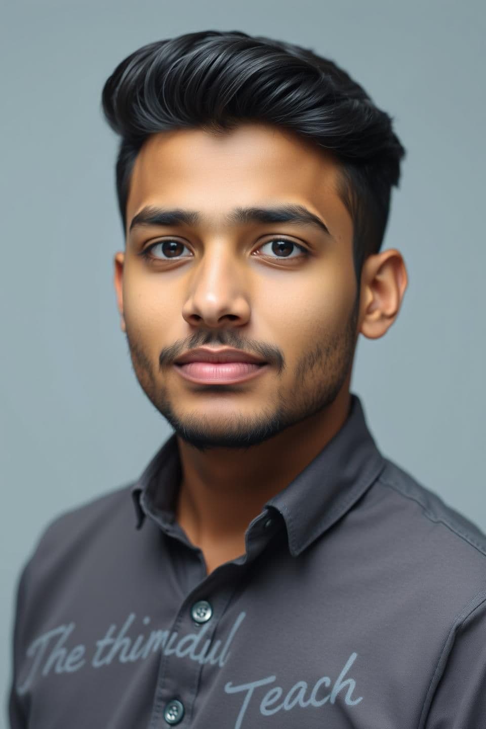 AI generated: “A high-resolution studio-style portrait of a 21-year-old man looking forward. Clean, soft studio lighting, sharp details, and natural skin texture. In the background, create a smo