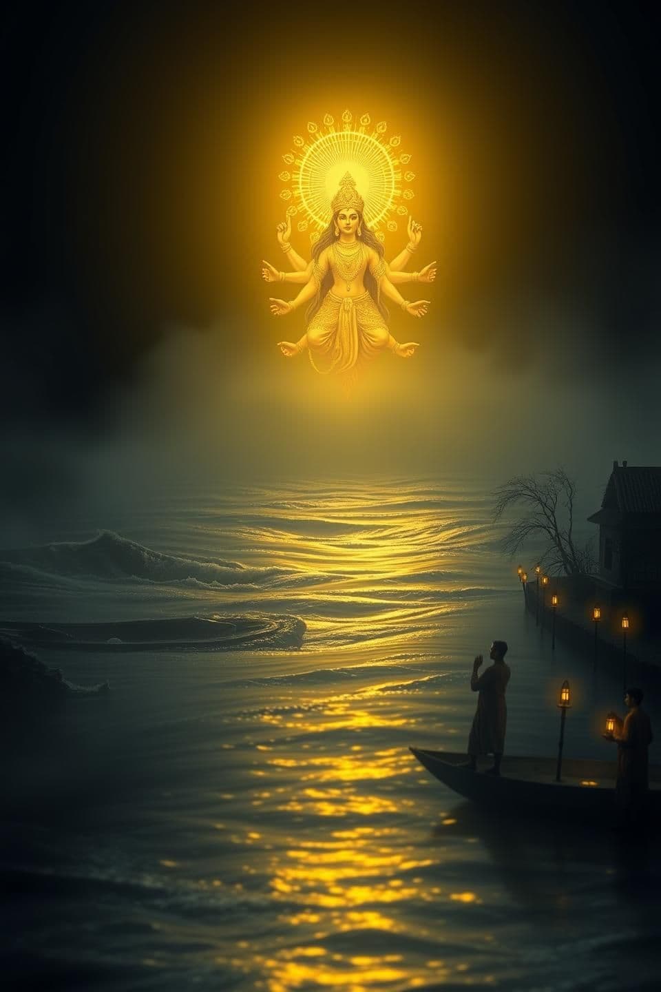 AI generated: The turbulent dark river suddenly becomes calm and smooth under the radiant golden light of Maa Durga. The water reflects her divine glow like liquid gold, with gentle ripples repl