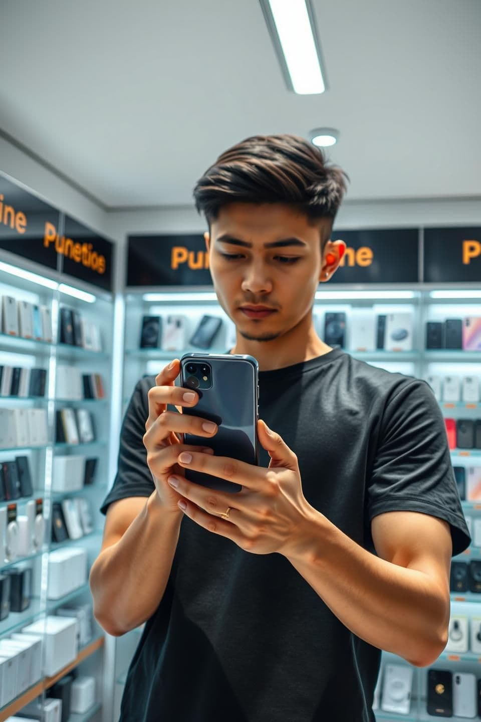 AI generated: "A 22-25 year old young man standing straight inside a modern mobile phone store, holding a sleek smartphone in both hands and attentively examining it, he slowly rotates the phone