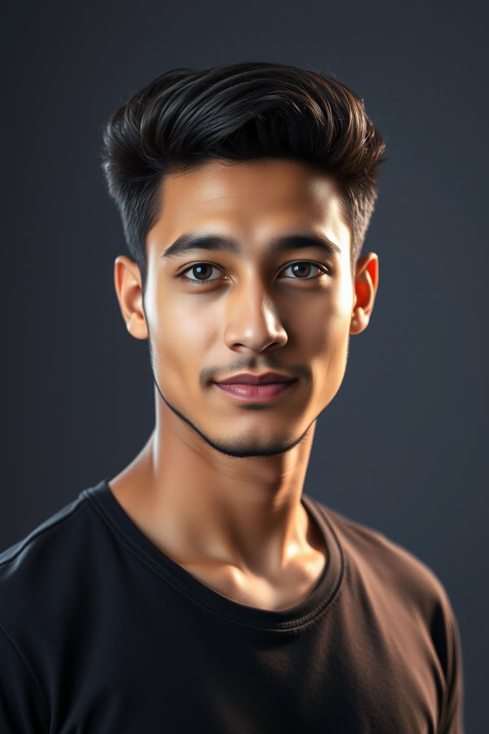 AI generated: “A high-resolution studio-style portrait of a 21-year-old man looking forward. Clean, soft studio lighting, sharp details, and natural skin texture. In the background, create a smo