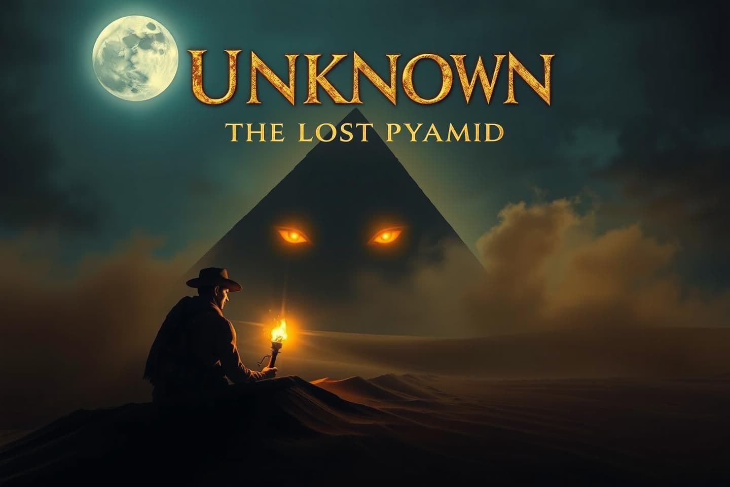 AI generated: Ultra-realistic cinematic thumbnail for a mysterious Egyptian documentary titled ‘The Lost Pyramid’. In the foreground, a terrified explorer holding a flickering torch stands half-