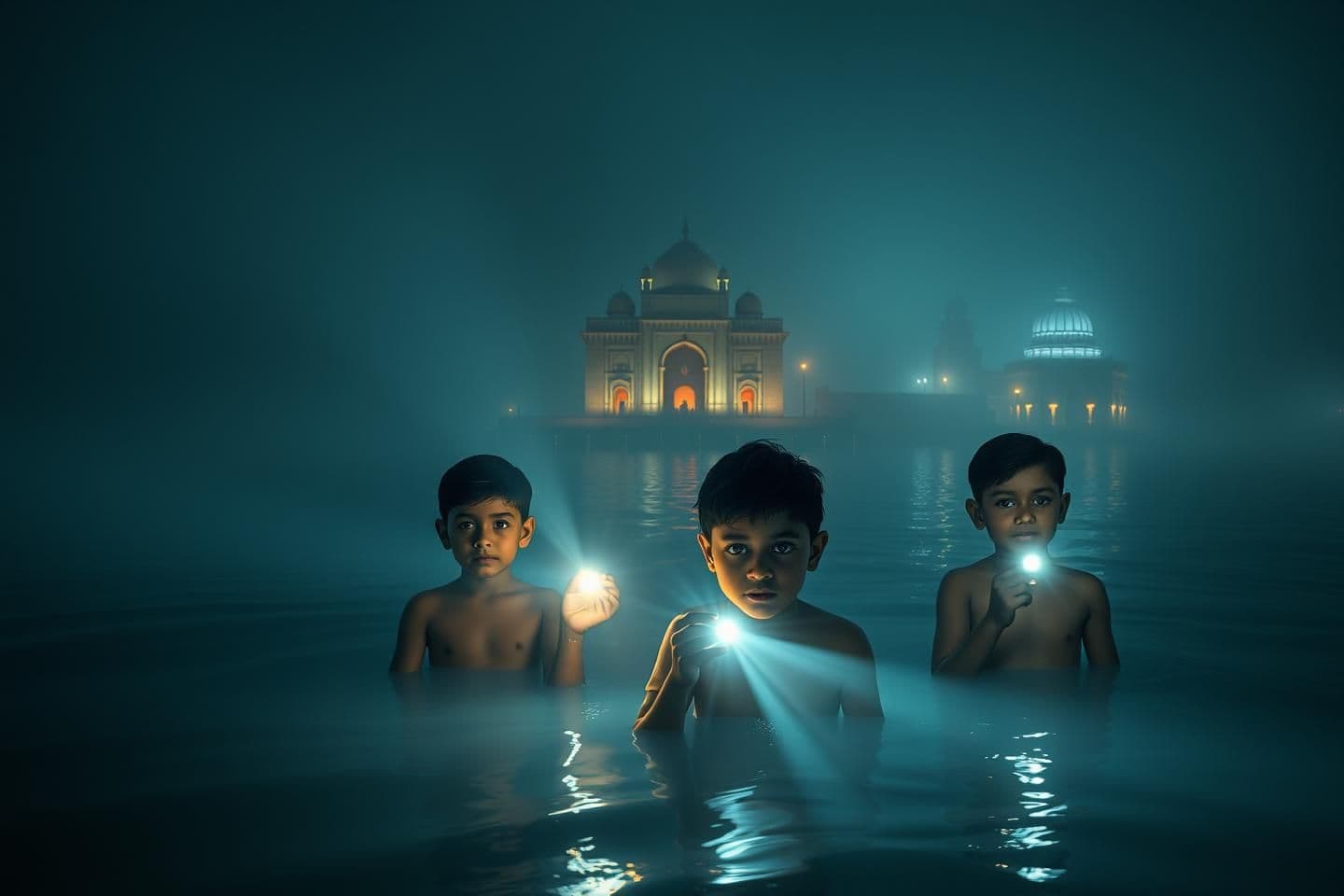 AI generated: Ultra-cinematic 9:16 IMAX vertical composition set inside the shallow waters of Hussain Sagar lake at night.
Atmosphere extremely dense with deep teal fog, cold mist layers, floati