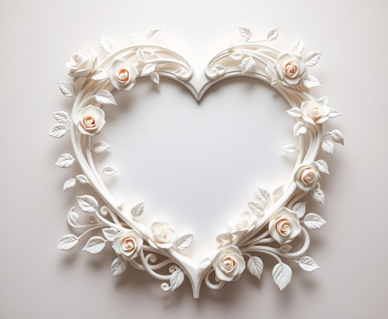 AI generated: Well structured Heart shape and A beautiful 3D printed photo frame with flowing organic vines and delicate roses, art nouveau style, seamless continuous design, matte white PLA mat