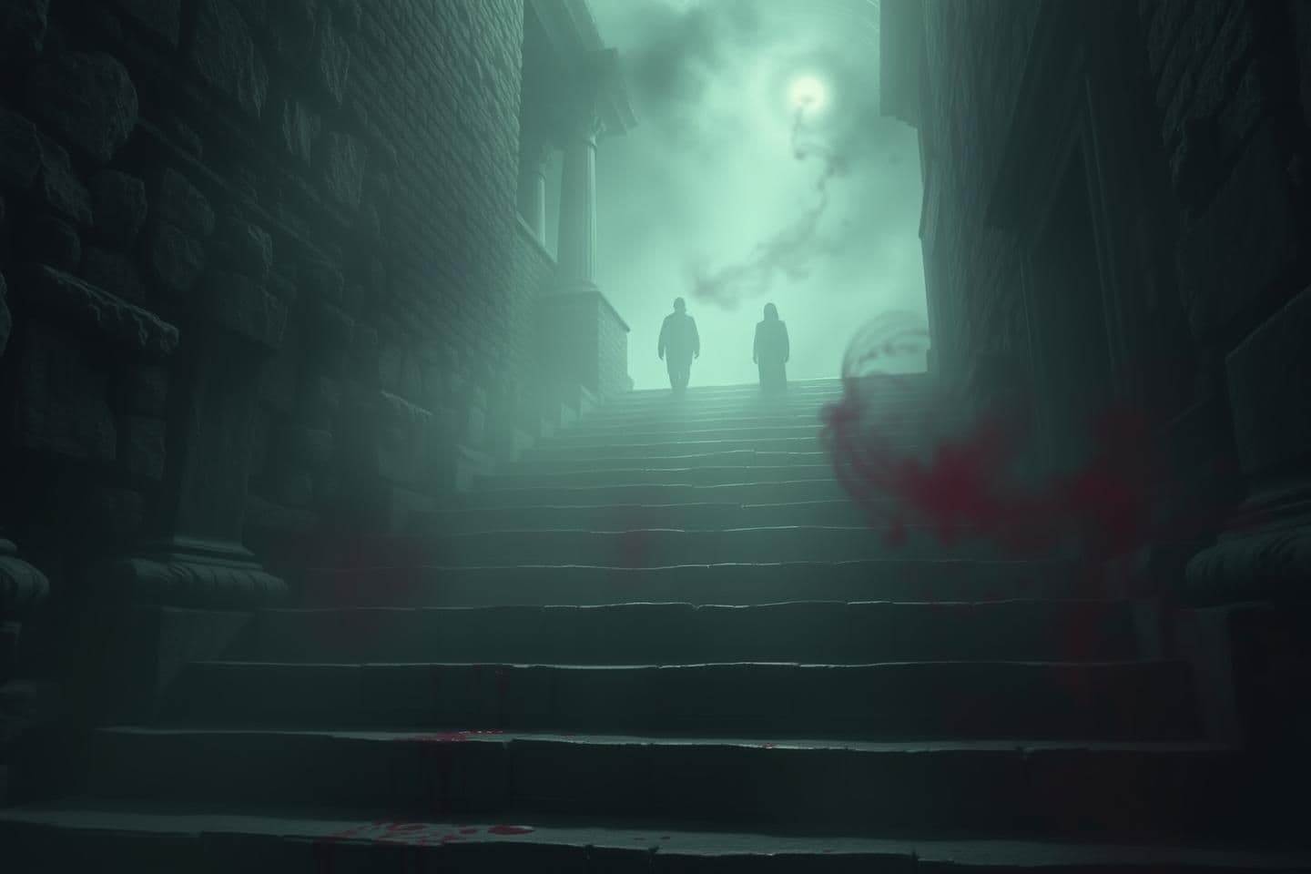 AI generated: Fog-soaked ancient stone steps covered in faint dried-blood texture, surreal lighting from no visible source, ghost-like afterimages of three fallen bodies, distorted environment s