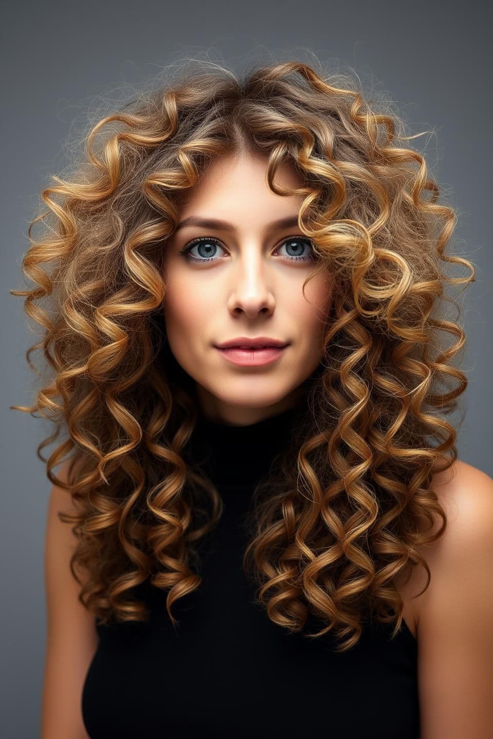 AI generated: Realistic curly hairstyle for a woman with frizzy, undefined curls, length below shoulders but above waist, square face. Hair has long soft layers starting around the collarbone, f