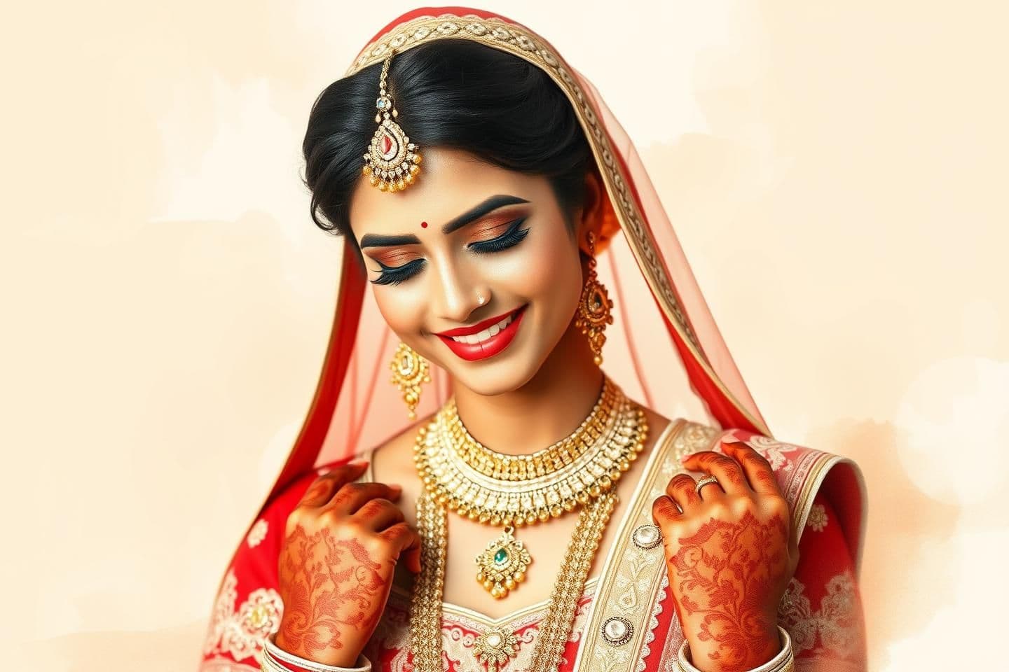 AI generated: A beautiful Indian bride in a traditional red and beige lehenga, intricate jewelry, and mehndi on her hands, smiling gracefully. Transform the photo into a soft watercolor painting