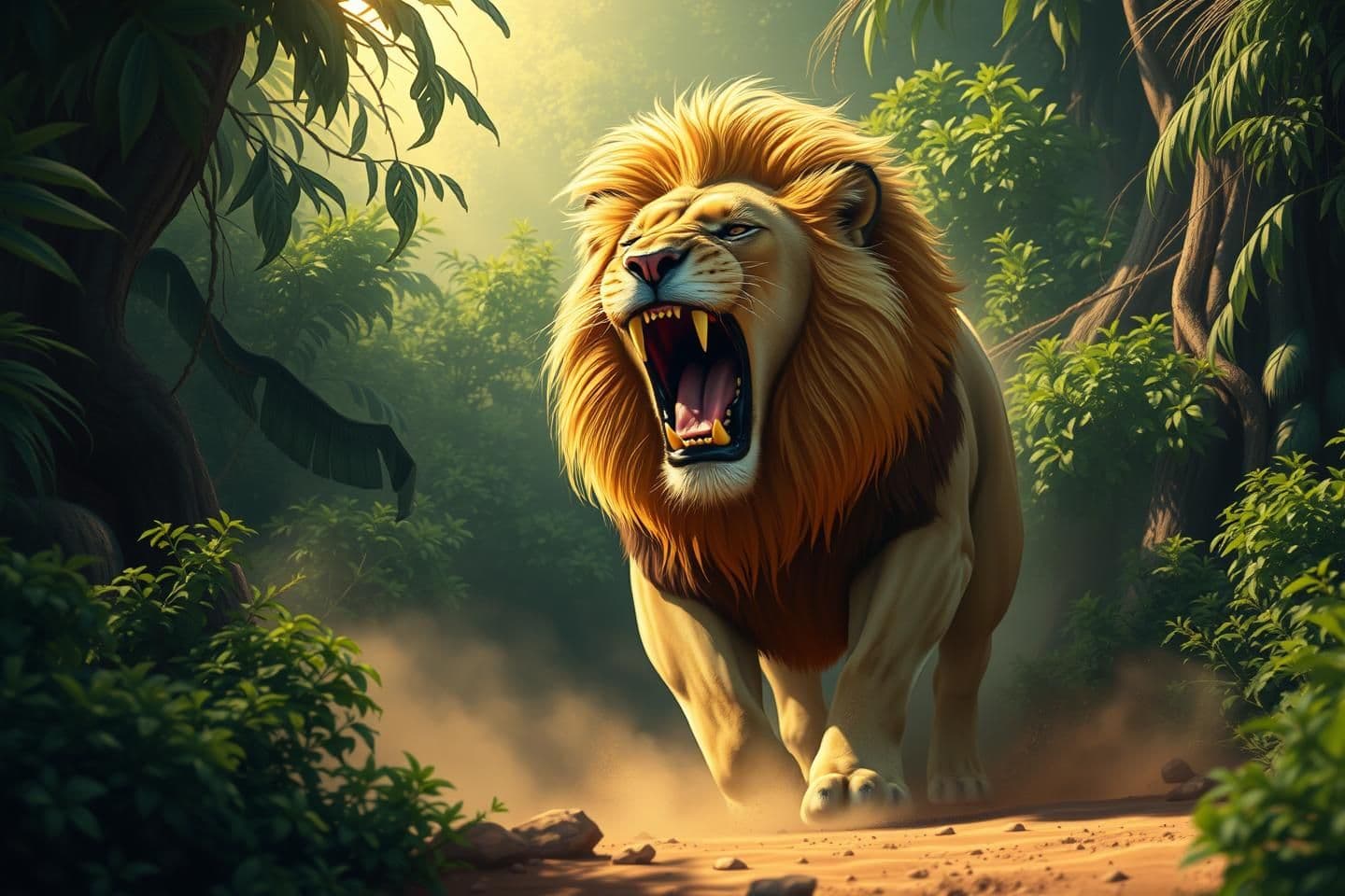 AI generated: “A dramatic HD illustration of a wild Lion emerging from the deep jungle, golden mane glowing in sunlight, mouth open in a loud roar, dust rising from the ground, green bushes arou