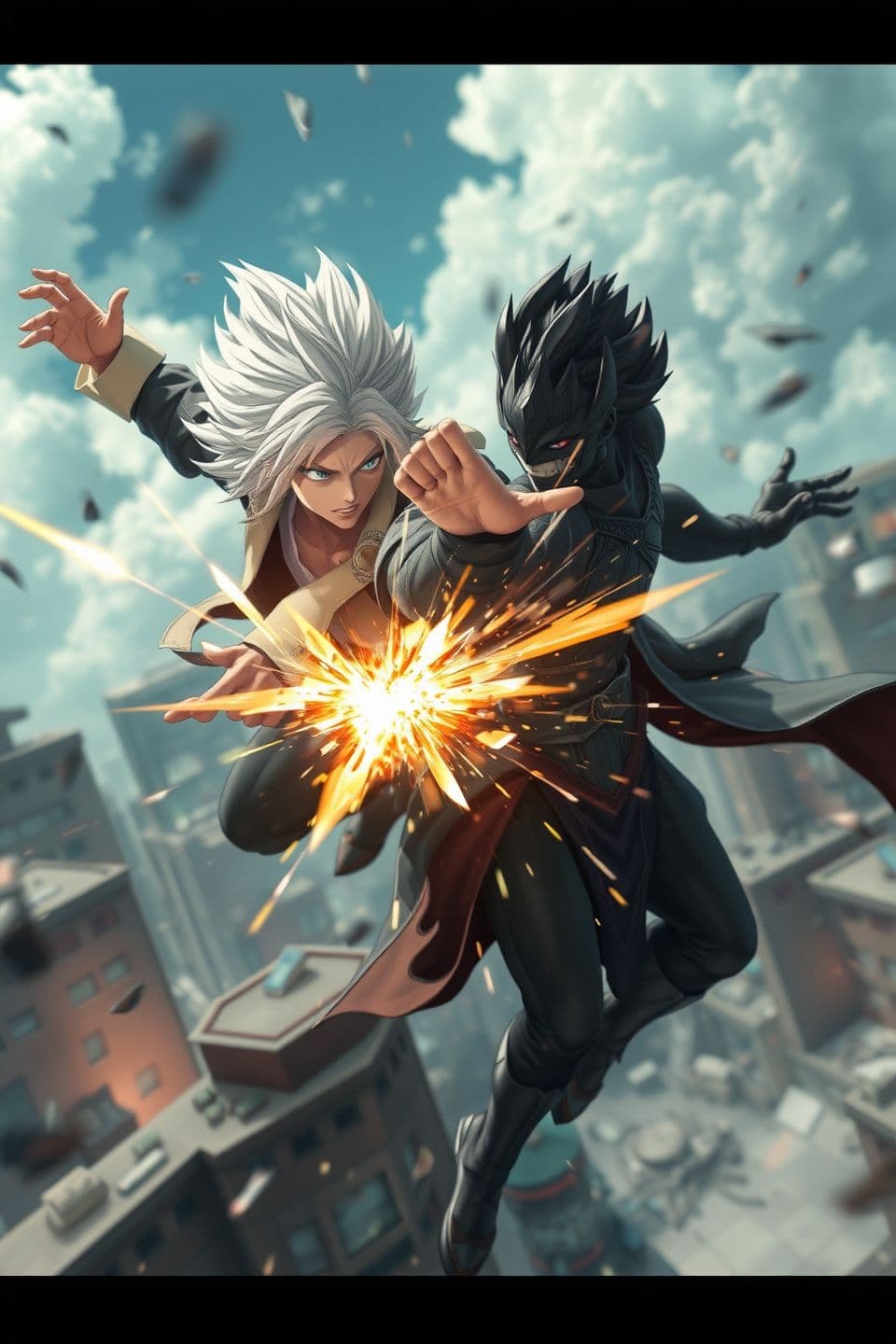 AI generated: Ultra-detailed 3D cinematic anime fight scene between white-haired sorcerer and dark villain mid-air combat, energy blasts colliding, shattered buildings below, motion freeze actio