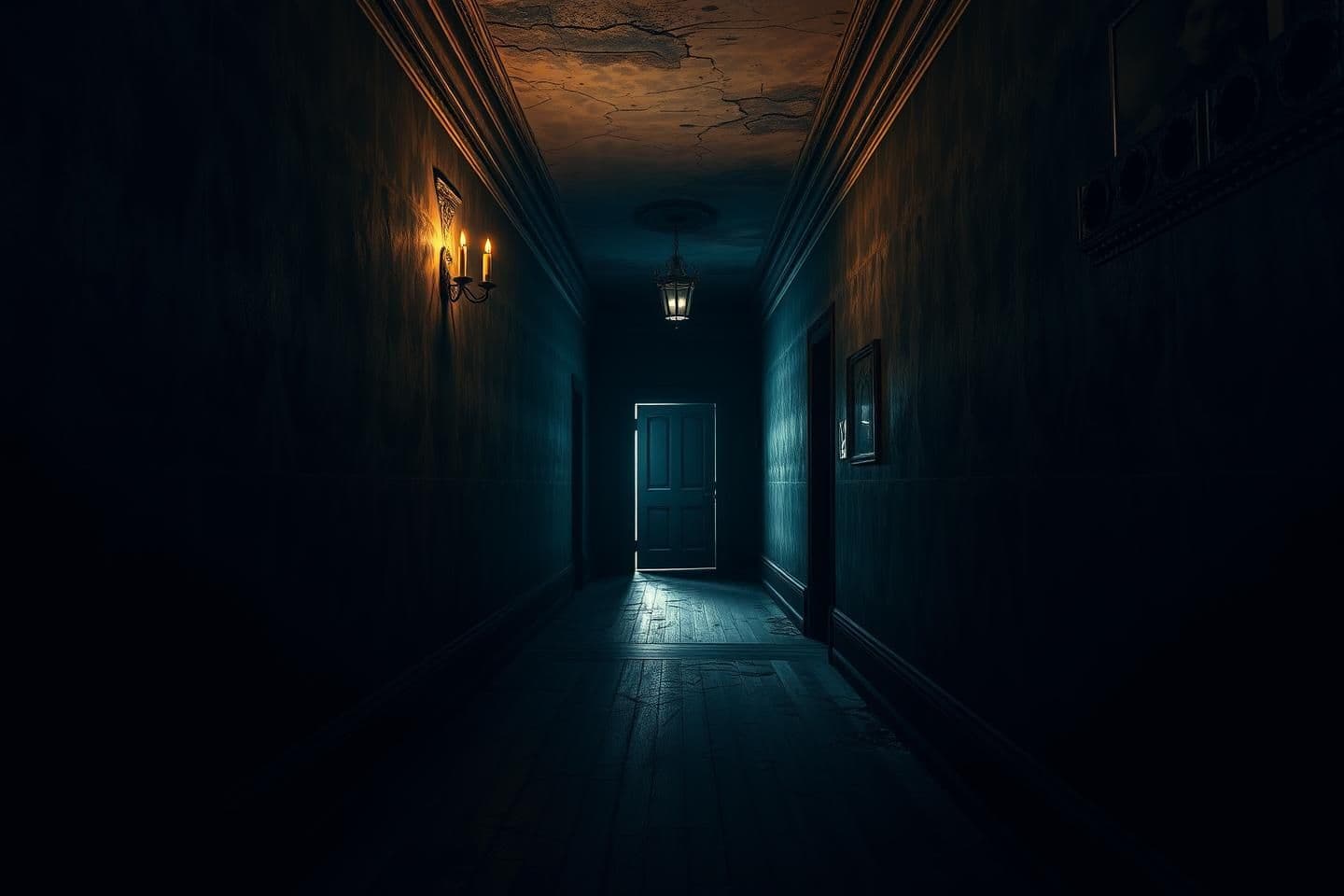 AI generated: Dark narrow hallway inside an old mansion, flickering candlelight and dim ceiling lights, cracked walls with peeling paint, broken floorboards, shadows stretching along the corrido
