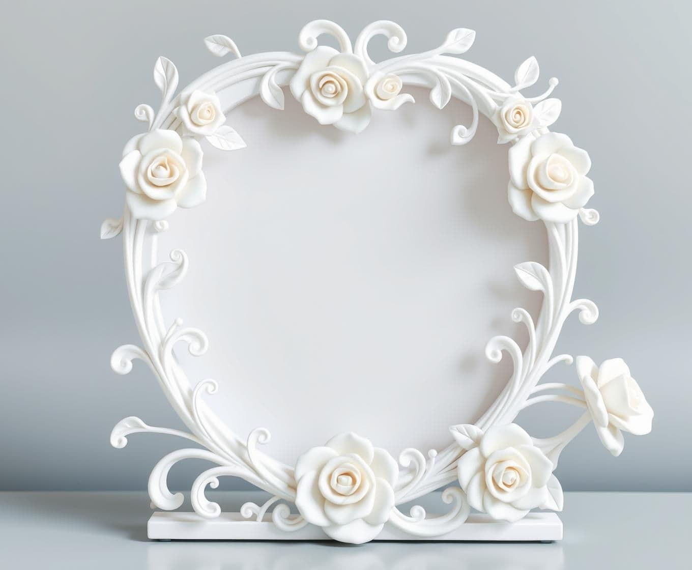 AI generated: Well structured Heart shape and A beautiful 3D printed photo frame with flowing organic vines and delicate roses, art nouveau style, seamless continuous design, matte white PLA mat