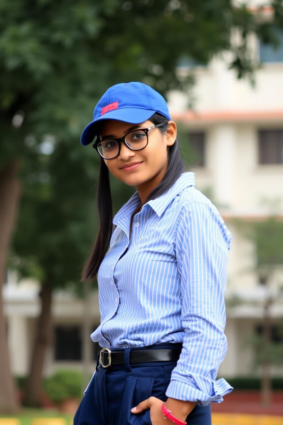 AI generated: A young woman, likely in her early eighteens , of Indian descent, is positioned slightly off-center in the frame, facing the viewer with a subtle smile. She wears a blue and red ba
