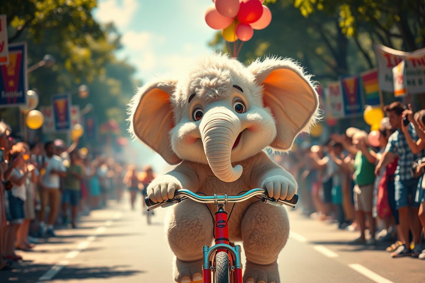 AI generated: A fluffy, adorable elephant riding a bicycle down a lively road, surrounded by a cheerful gathering of people. The elephant has soft, plush fur, big expressive eyes, and a joyful s