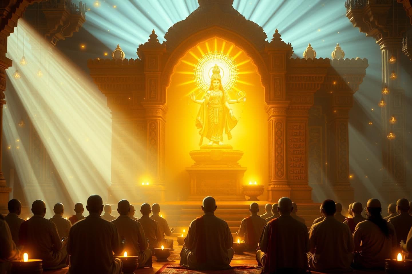 AI generated: A 16:9 divine and spiritual YouTube thumbnail showing a radiant temple scene filled with glowing Sanskrit symbols and golden energy waves. Ancient sages (Rishis) meditating in fron