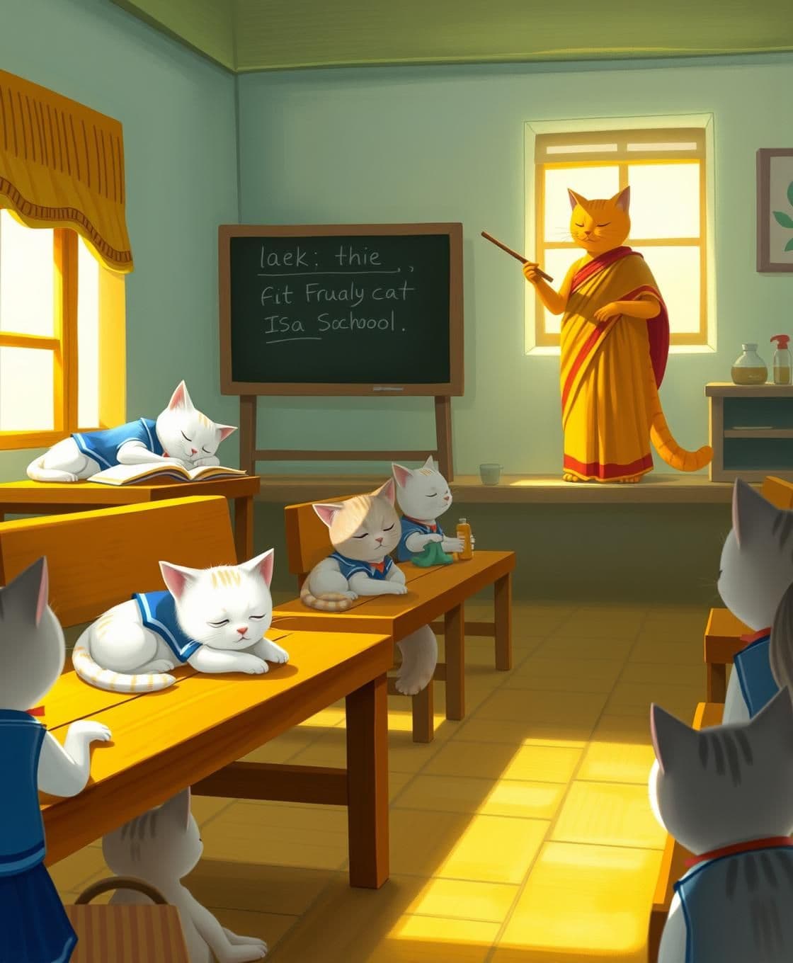 AI generated: Scene 1: Inside a bright classroom, a small white cat baby wearing a blue school uniform is asleep on a wooden bench, head resting on open books. Around her, other cat students whi