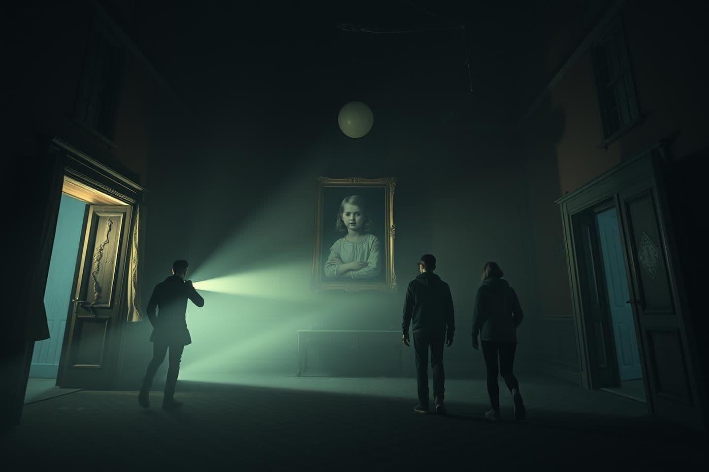 AI generated: Night scene inside an abandoned haunted mansion located in the mountains of a small mysterious town. Time is around 12 AM, the atmosphere is foggy and cold. Four young friends (two