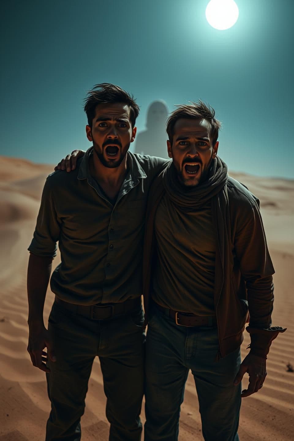 AI generated: Two men standing close together in a vast morning desert, both looking terrified with wide eyes and tense body language.
A faint ghostly silhouette or figure behind them, creatin