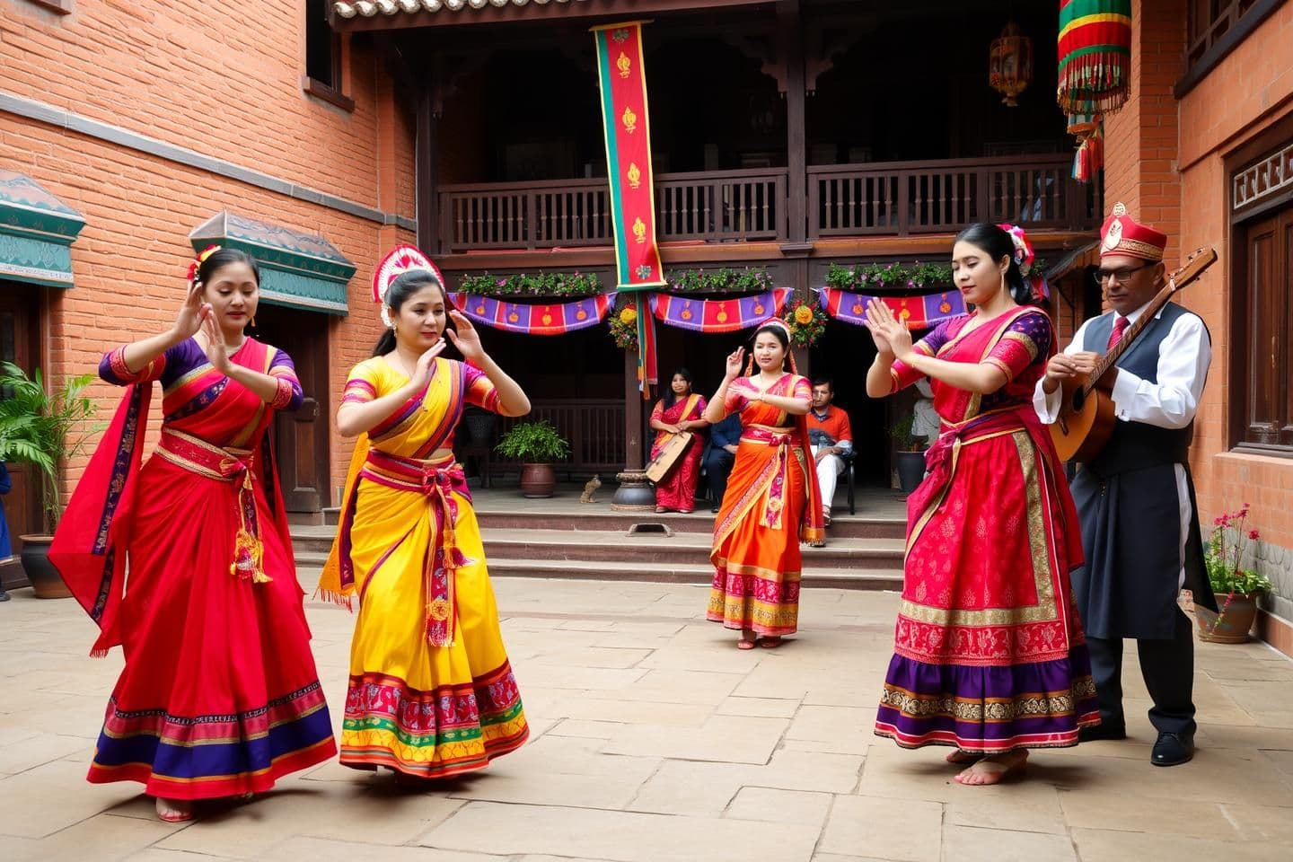 AI generated: Traditional Nepali cultural dance scene featuring dancers in vibrant ethnic attire such as Gunyu Cholo, Daura Suruwal, and Newari Haku Patasi. The dancers perform gracefully with t