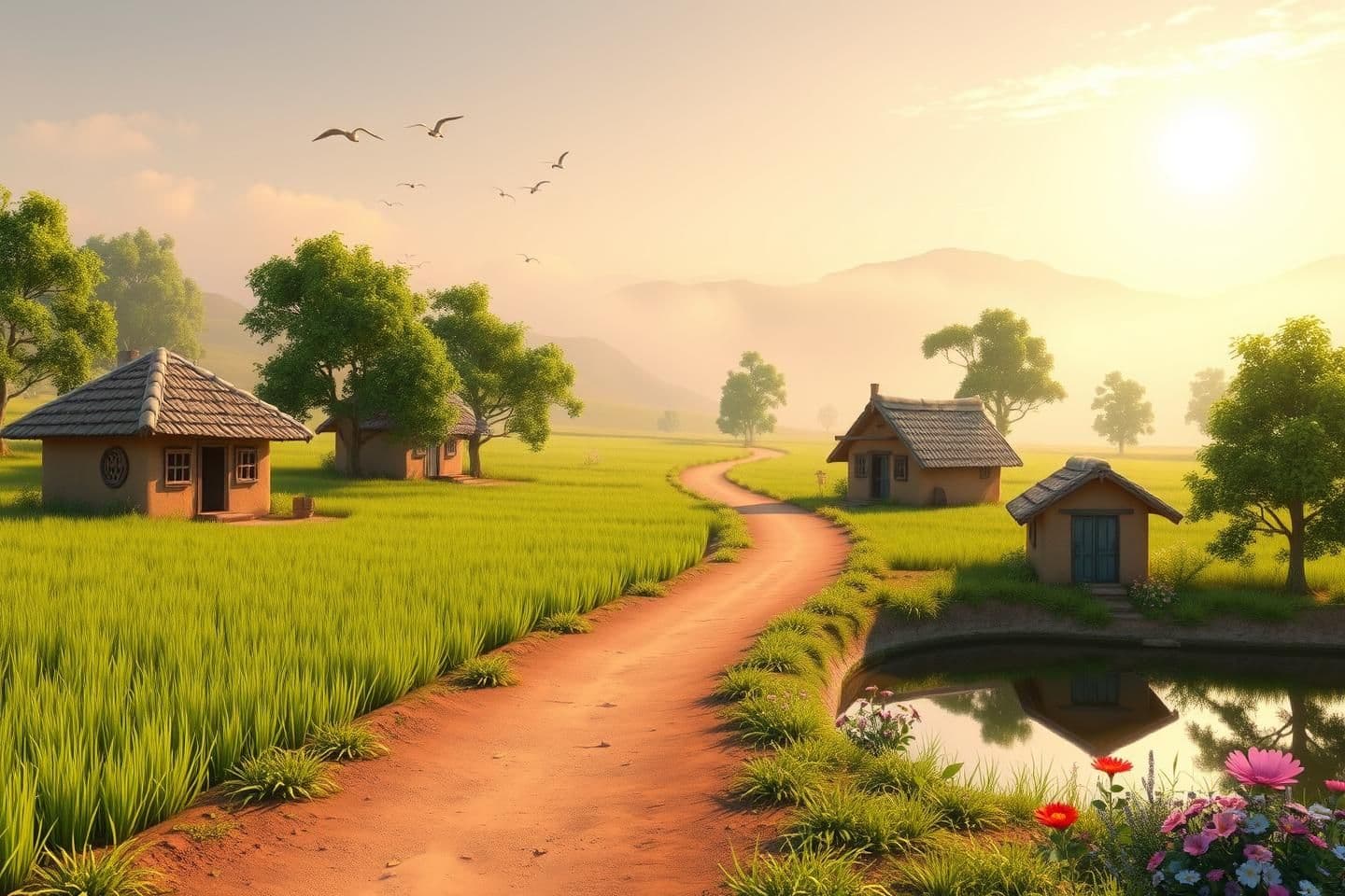 AI generated: "A peaceful early morning village scene in 3D cartoon Pixar style. Soft sunrise light shining warmly. Green rice fields, small mud houses with tiled roofs, smoke coming from a chim