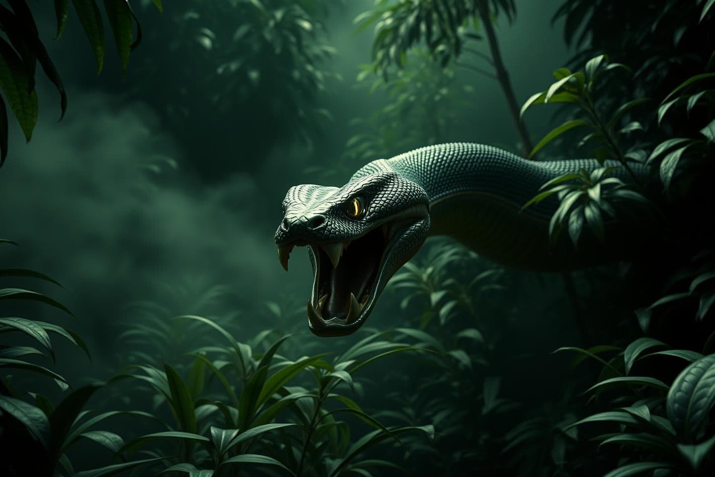 AI generated: Ultra-realistic 4K cinematic shot of a dense dark jungle filled with thick green plants, mist and dramatic lighting. A full-length dangerous snake completely visible from head to t