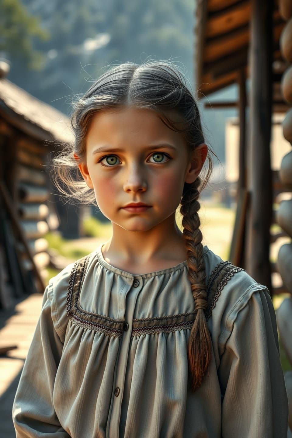AI generated: A young Bulgarian girl in the 1920s countryside, representing a childhood version of Baba Vanga. She has soft Slavic features, simple rural clothing, braided hair and a gentle , in