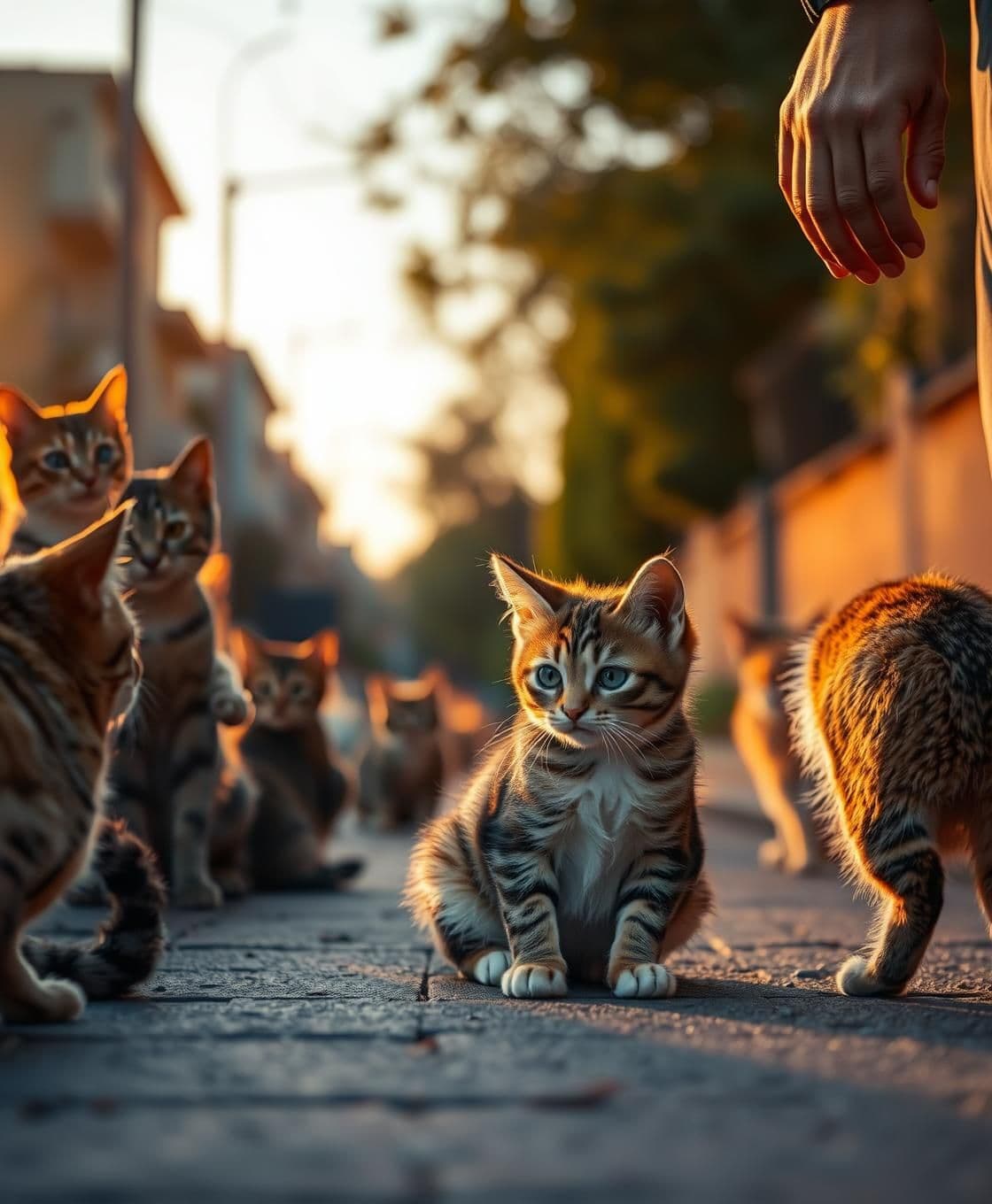 AI generated: A The little cat sitting sadly on a footpath at sunset, eyes filled with tears, asking for work. Several cats around her mockingly laughing. A kind human steps forward with a gentl