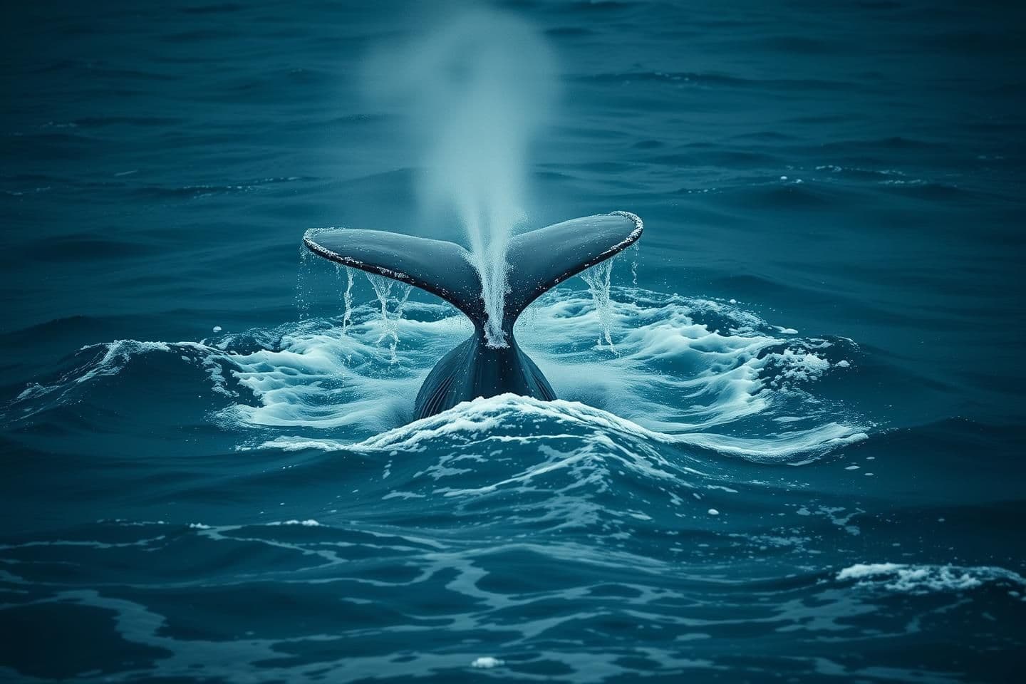 AI generated: A photorealistic, cinematic wildlife photograph of a humpback whale's tail fluke breaking the surface of a dark, moody ocean. Streams of water are cascading off the trailing edge o