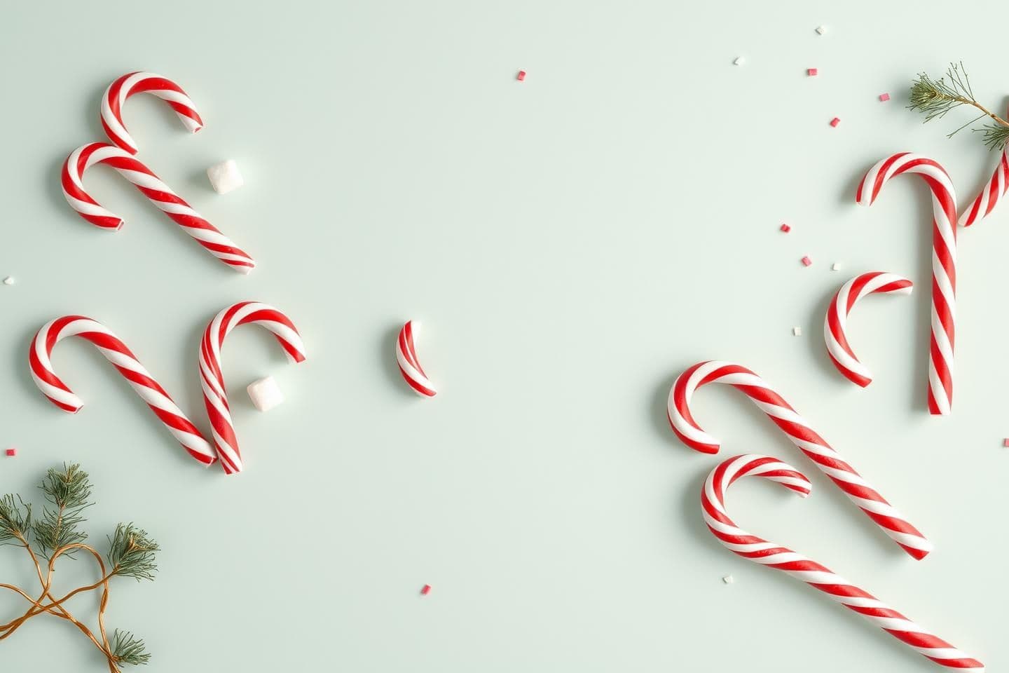 AI generated: Photorealistic playful Christmas flat-lay background on pastel mint surface: candy canes arranged like smiley faces, tiny marshmallows “eyes”, sprinkled confetti like snow, soft st