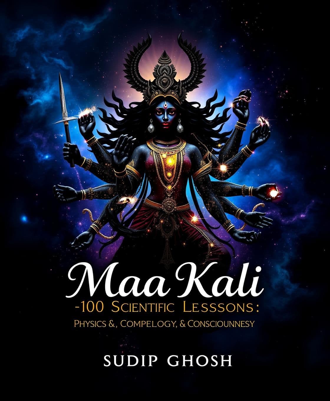 AI generated: Figure: Cover Page Design - "Hindu Devi Goddess Maa Kali — 100 Scientific Lessons: Physics, Mathematics, Psychology, Cosmology & Consciousness" by Sudip Ghosh. The cover design fea