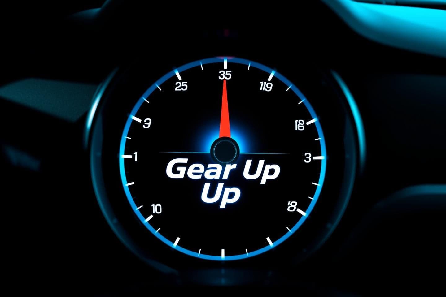 AI generated: A stylized speedometer/tachometer dial set against a dark dashboard-like background. The design features metallic accents and illuminated markings in white and cool blue. A bright