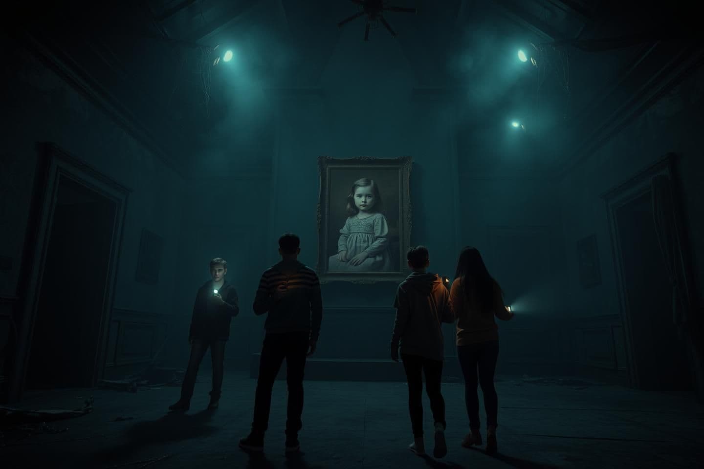 AI generated: Night scene inside an abandoned haunted mansion located in the mountains of a small mysterious town. Time is around 12 AM, the atmosphere is foggy and cold. Four young friends (two