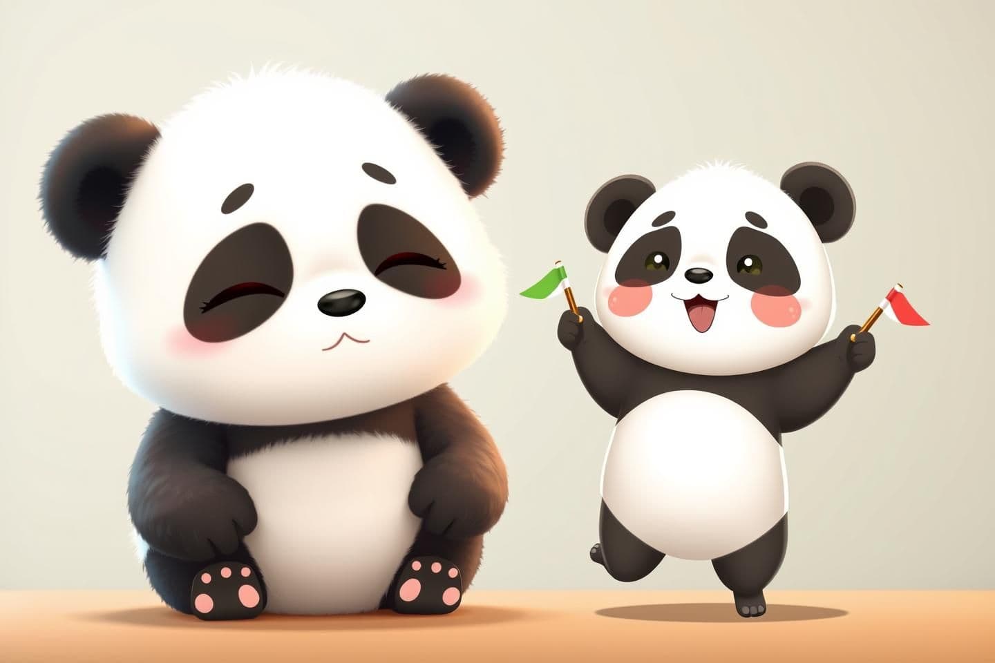 AI generated: Two pandas on screen.
Same baby panda Tofu: fluffy white fur, round black eye patches, tiny ears, very sleepy expression with half-closed eyes.
Mini panda character: very small, en