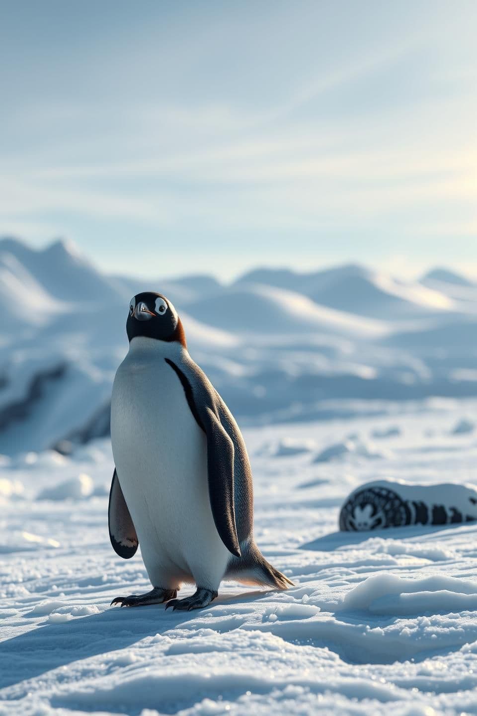 AI generated: Ultra-realistic photorealistic penguin standing on icy mountain landscape, vast frozen terrain, natural cold atmosphere, penguin looking curious and hopeful, detailed feathers, rea
