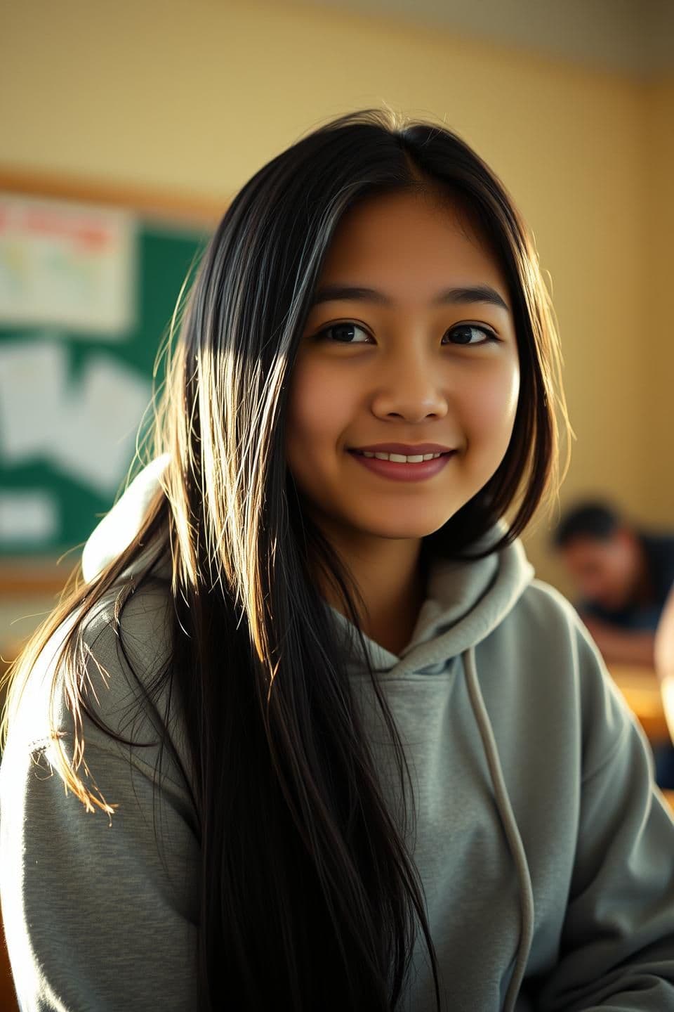 AI generated: 19-year-old girl with long black hair wearing a casual hoodie, sitting in a classroom with warm sunlight through the window, soft smile, calm eyes, emotional expression, cinematic