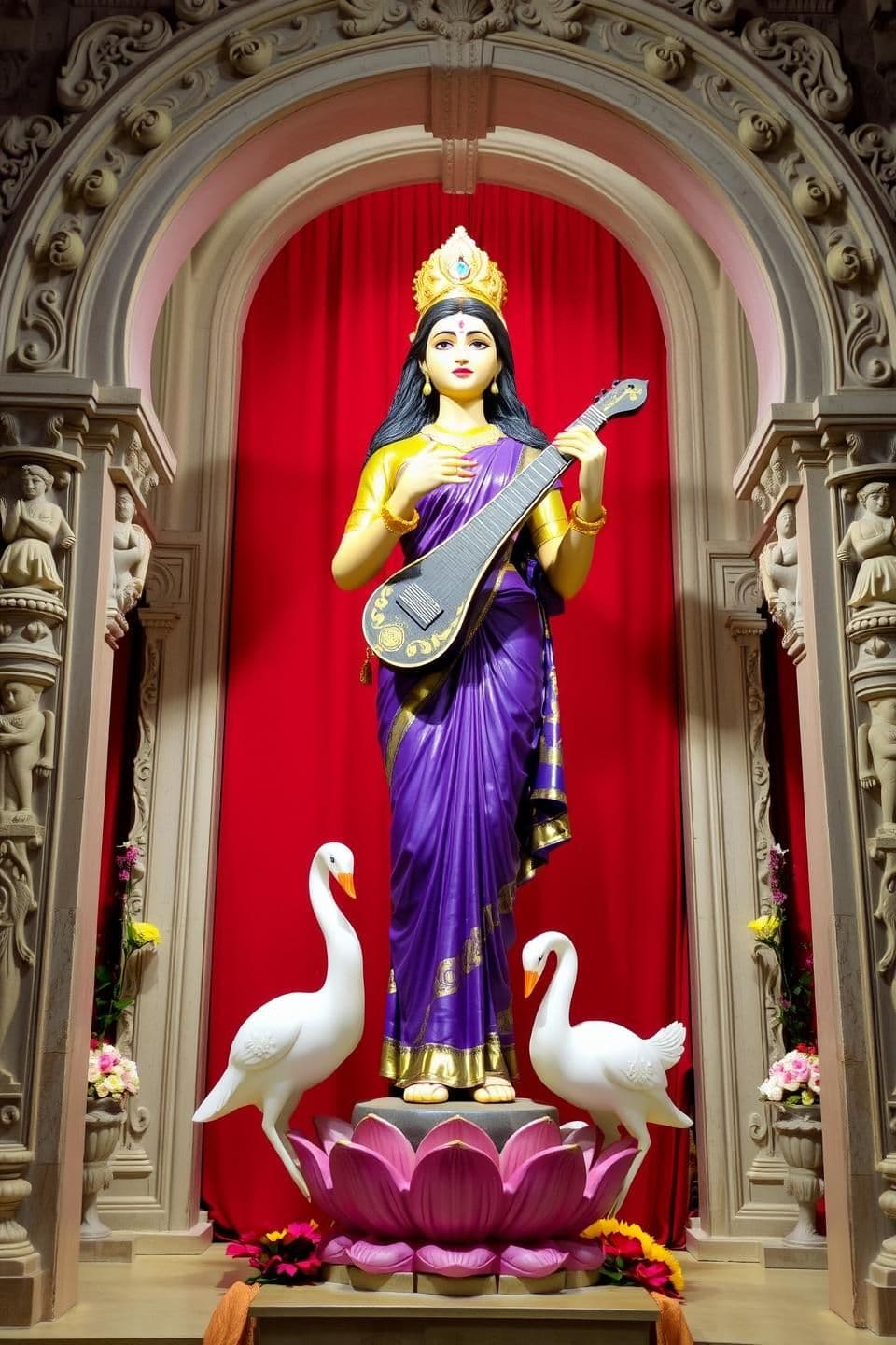 AI generated: A full-length statue of Saraswati, the Hindu goddess of knowledge, music, arts, wisdom, and learning, stands in the center of the frame. She is depicted as a young, light-skinned w