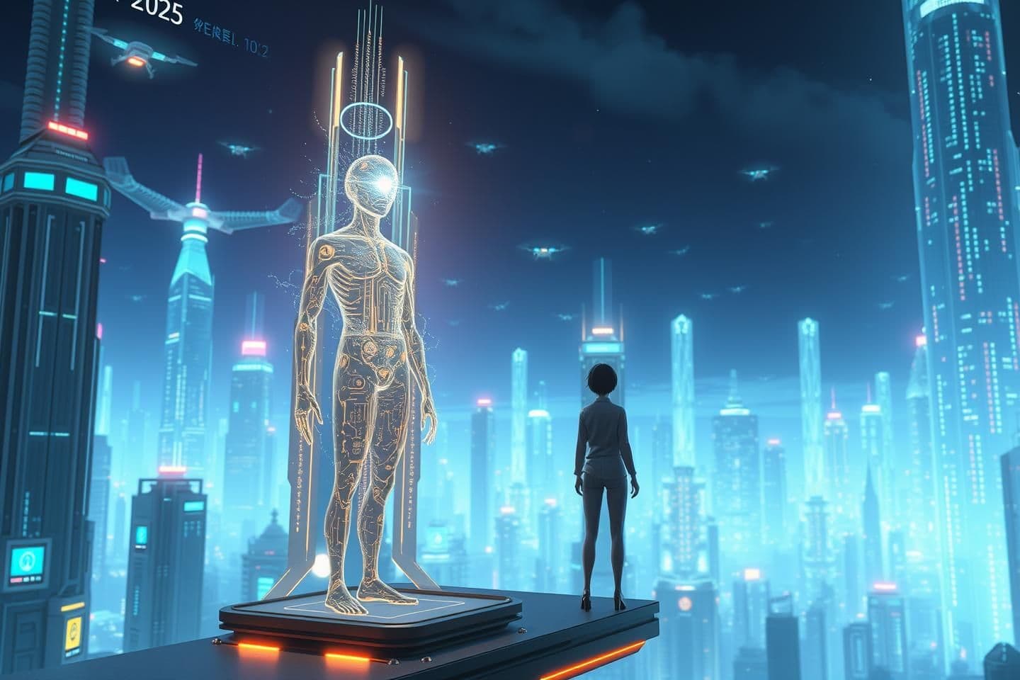 AI generated: > 3D cinematic sci-fi cartoon style, ultra-detailed futuristic city in year 2525, floating skyscrapers, glowing digital sky, neon holograms everywhere, a human figure standing on a