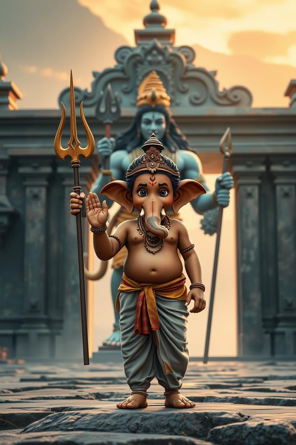 AI generated: 9:16 vertical, realistic image of young human boy Ganesha as gatekeeper standing firmly at ancient Himalayan temple gate. He has dusky Indian skin, simple dhoti, sacred thread, til