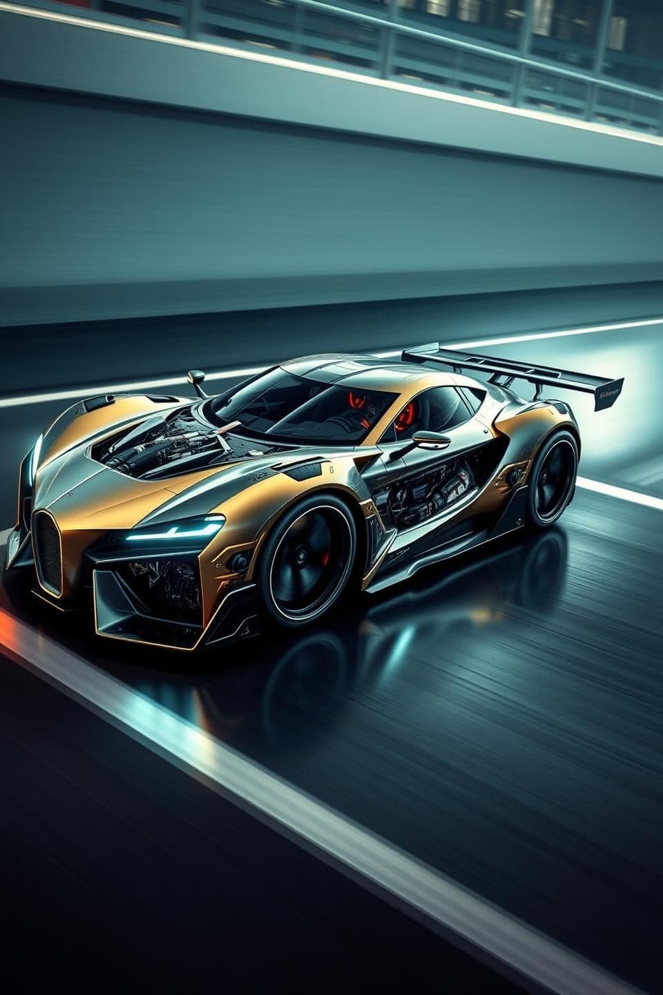 AI generated: Create a hyper-realistic futuristic supercar with extreme mechanical detailing, exposed tech layers, aerodynamic sculpted bodywork, and an aggressive low stance. The design should