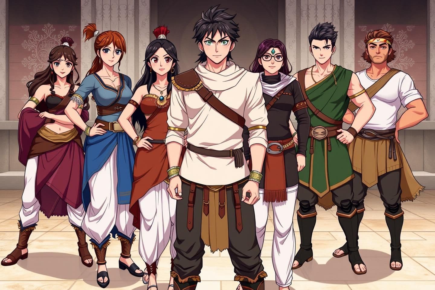 AI generated: A realistic anime-style group of friends in warrior-style outfits, the confident leader standing at the front, his two close allies beside him who is his girlfriendand friend and h