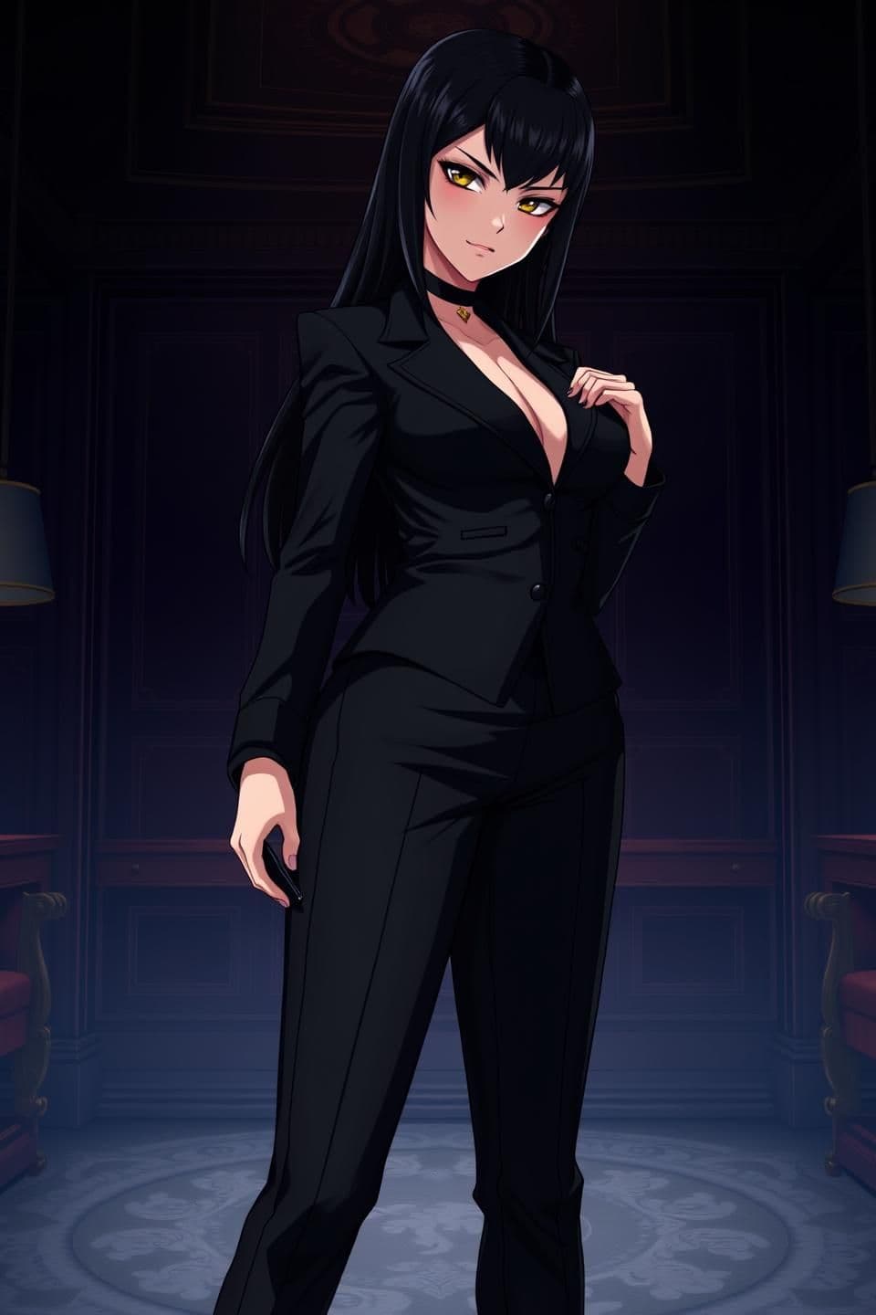 AI generated: Anime-Style Image Prompt:
Anime-style, full-body portrait of Lucilla Sanitti, a cold and beautiful mafia queen, age 28. Sharp, elegant features, long dark hair styled sleekly. Wea