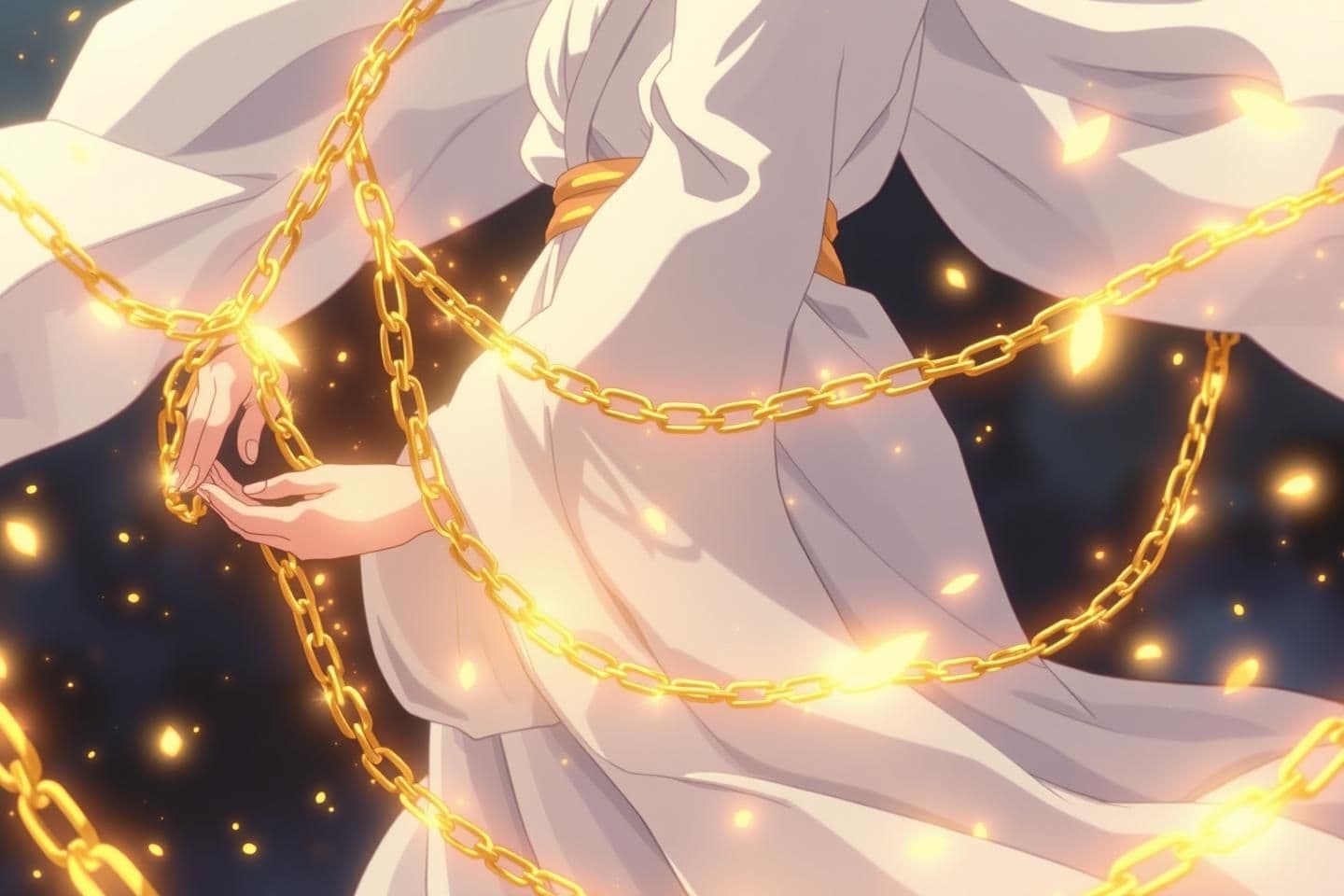 AI generated: Frame 3 – Chains Dissolving (0:16–0:22)
Golden ethereal chains wrap lightly around her arms and start dissolving into shimmering petals. Her white robe flows outward as if caught