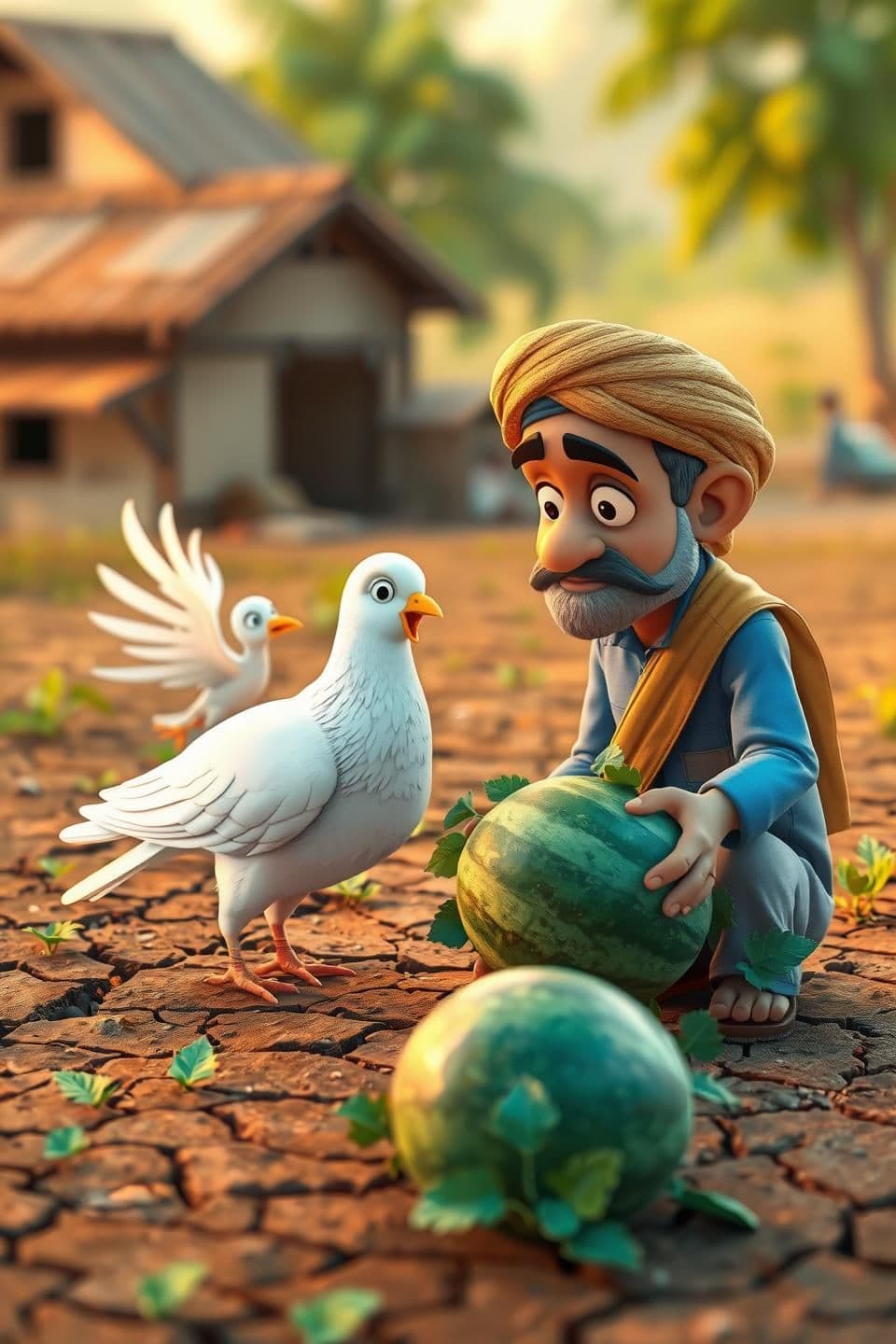 AI generated: “White pigeon talking to the farmer, expressive faces, farmer listening seriously, hyper 3D cartoon style, Indian folk touch, farmland backgroundIndian farmer planting watermelon s