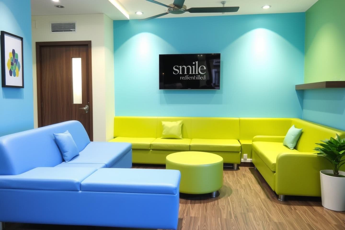 AI generated: Design attractive premium waiting area for the 60 sq ft (10×6) of dental clinic Target is premium aspirational and kids. Colours to be used are pastel blue and green. Name of clini